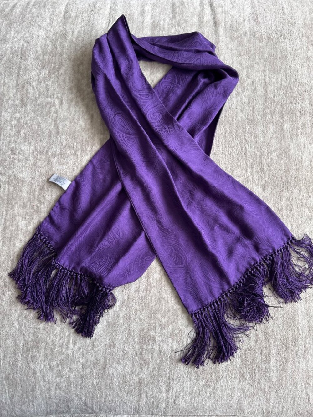 Sacha for Basha Royal Purple Paisley Embossed Print With Fringe 100% Silk Scarf